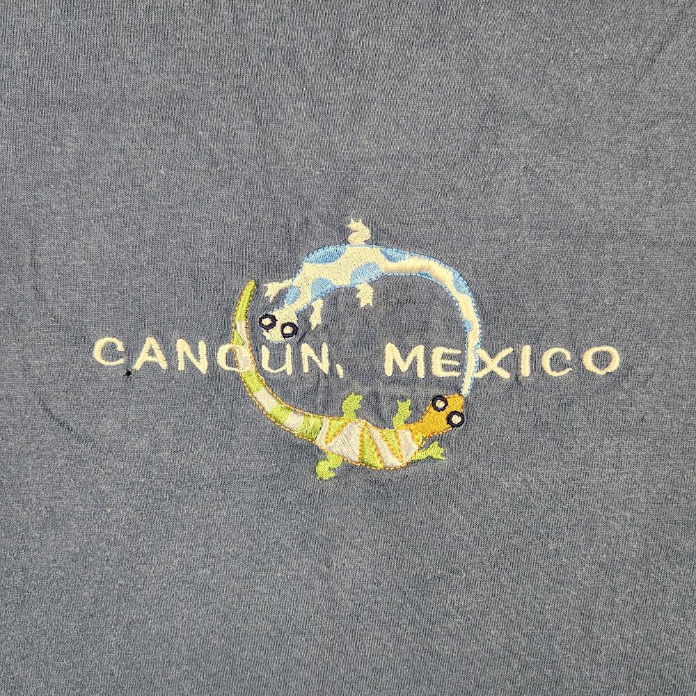 Vintage Caribbean Side Shirt Mens Large Blue Cancun Mexico Lizard Embroidered